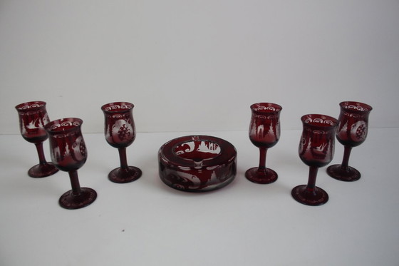 Image 1 of Antique Set of 36 pieces of Artistic cut Ruby red glass, Egermann, 1950's. 