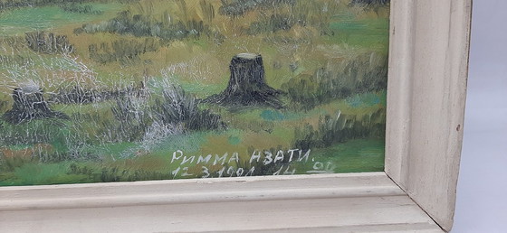 Image 1 of Vintage gesigneerd olieverfschilderij op vezelplaat, herfstbomen