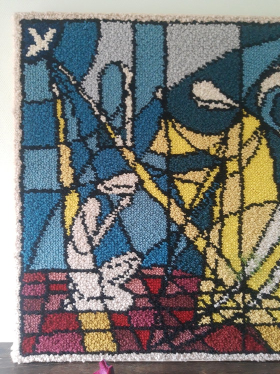 Image 1 of Wunderschönes, großes Retro-Textilkunstwerk aus Wolle aus Smyrna mit dem Titel „Verkündigung“.