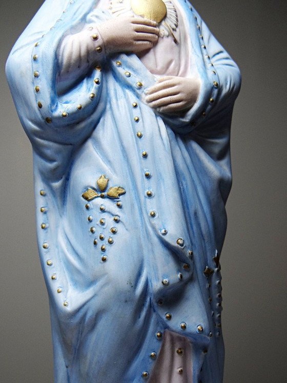 Image 1 of Grande sujet Sainte Vierge au Sacré Coeur en biscuit polychrome ancienne