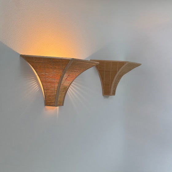 Image 1 of Pair of vintage wall sconces, wooden slats, France, 1980