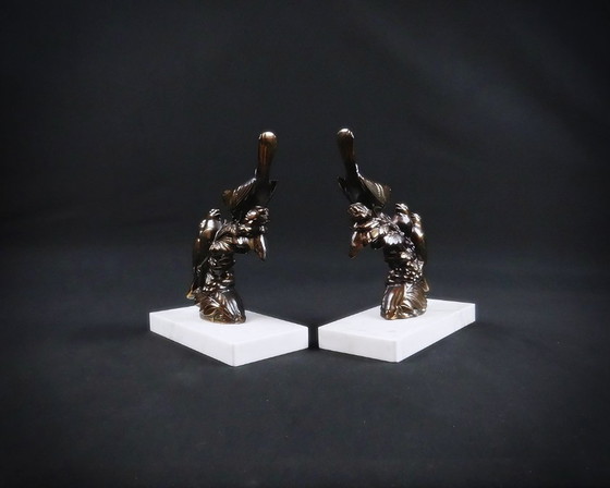 Image 1 of Pair of regule and marble bird sculpture bookends signed Frécourt art deco