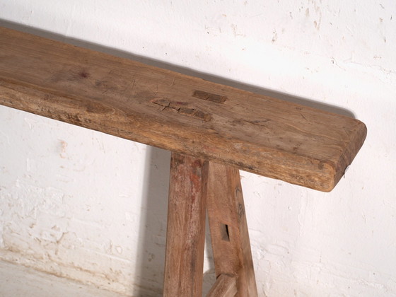 Antique Elm Wood Bench, China, circa 1900, Benches, Red, Rustic (photo 8 of 8)