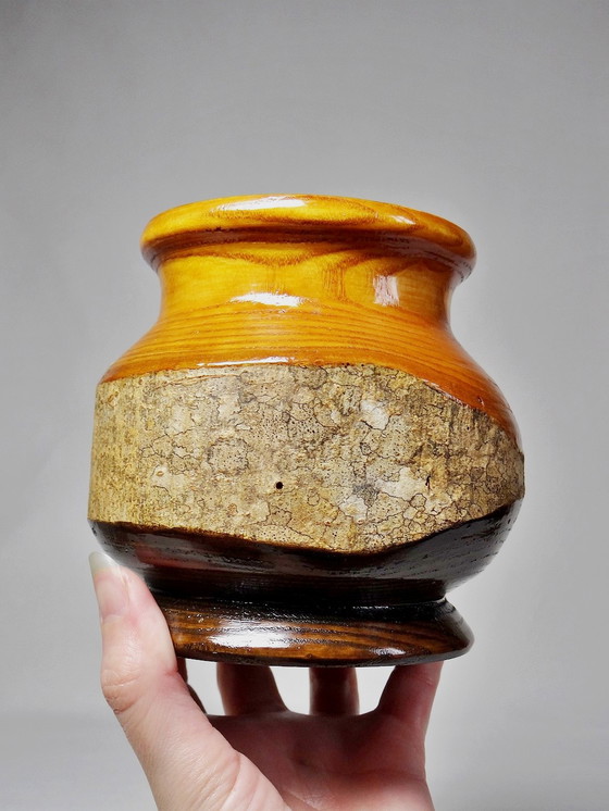 Image 1 of Small Wooden Vase Turned Brustalist Varnished Two-tone With Bark Vintage