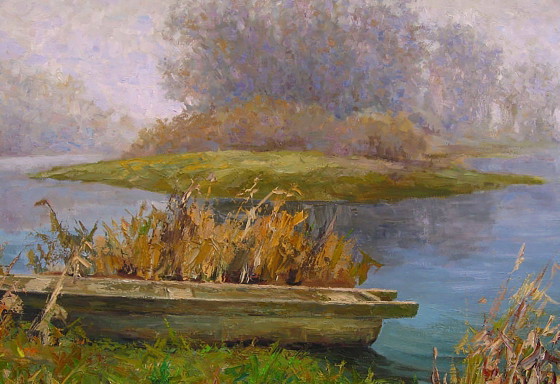 Original Ölgemälde Naturlandschaft Boot Fluss Morgennebel – Gemälde & Zeichnungen, Canvas (photo 4 of 8)