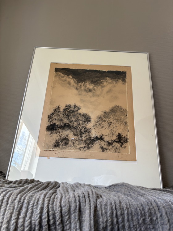 Image 1 of Vintage ink drawing on handmade paper signed h72cm