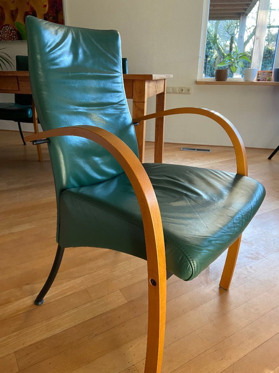 Image 1 of Leren eetkamerstoelen, merk FM, kleur jade