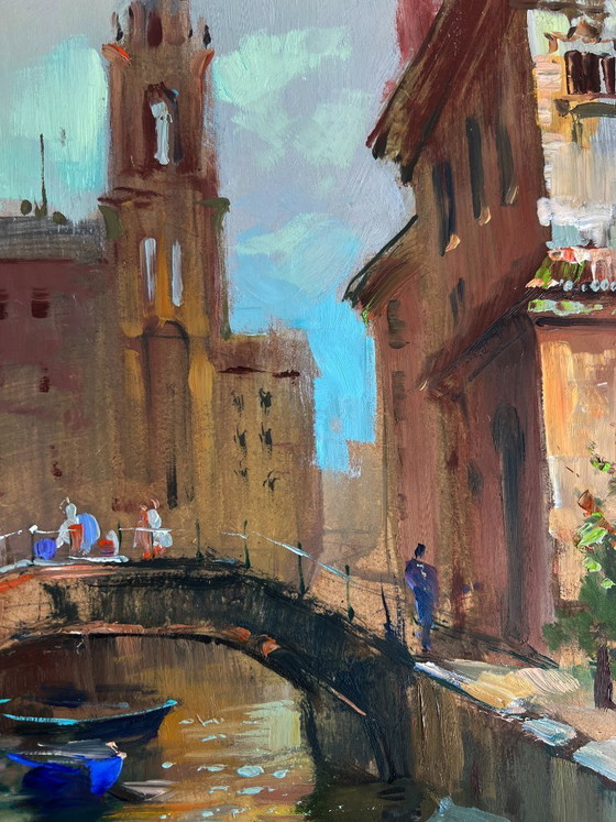 Image 1 of Original Oil Painting City River Landscape The busy streets of Venice