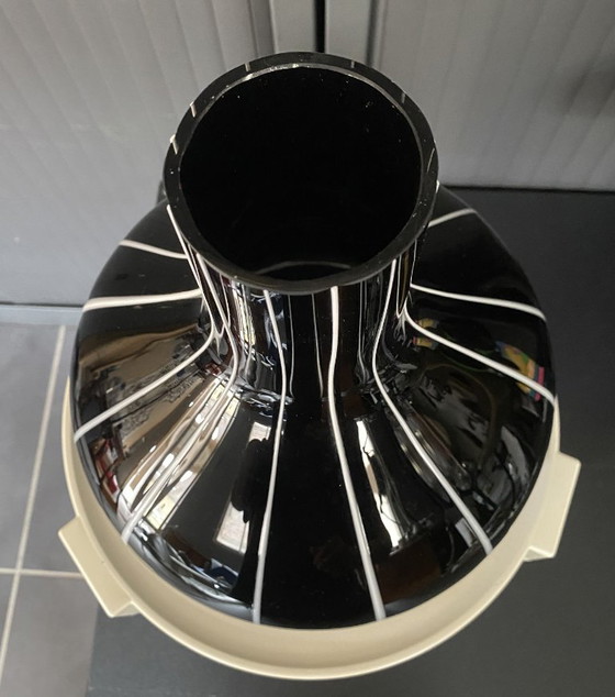 Vintage 1950s Black Glass Vase with White Trim (photo 8 of 16)