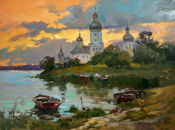 Image 1 of Original Oil Painting Evening Coastal The last rays over the temple