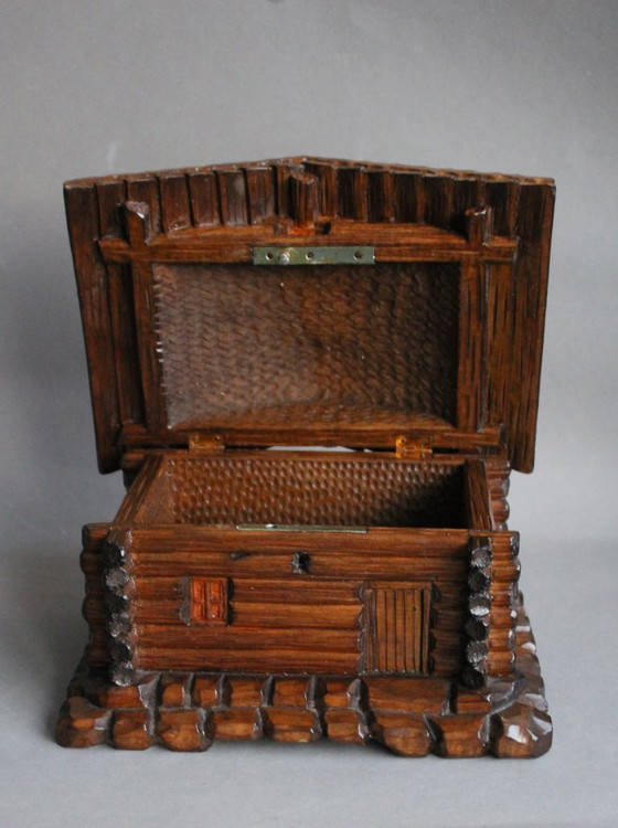 Image 1 of Wooden box, log cabin style, handmade, unique piece with secret compartment for the key