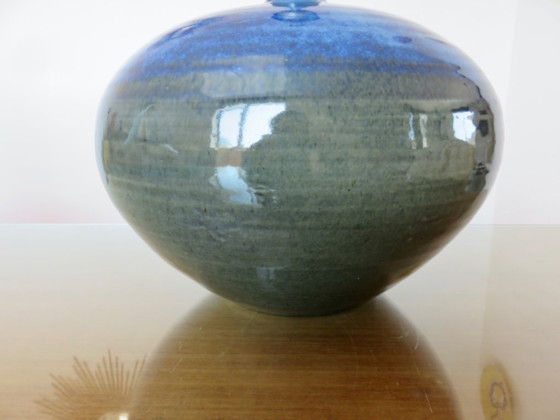 Image 1 of Impressive lamp in iridescent blue ceramic with green gradients, France, circa 1960