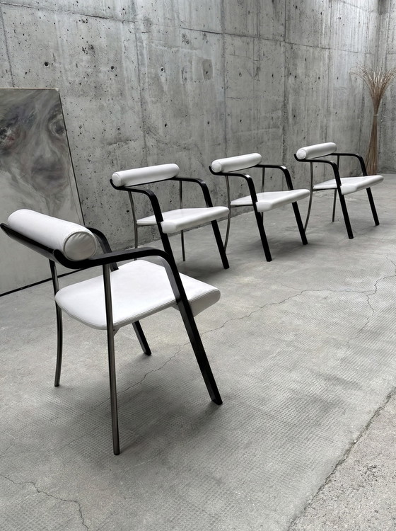 Image 1 of 4x DINING ROOM CHAIRS ITALY LEATHER WHITE WOOD BLACK METAL 1980s