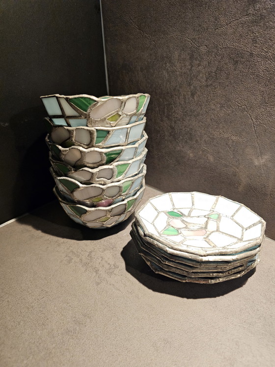 Image 1 of Vintage Tiffany Style – Glas-in-lood set van 6 kopjes & schoteltjes