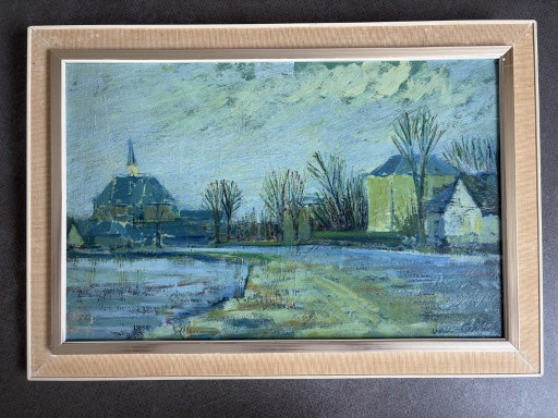 Original Oil Painting by Adriaan van Arkel (1924–2006) – Village View – schilderijen tekeningen, Wood
