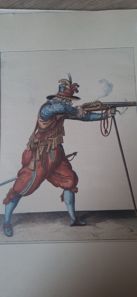 Image 1 of Satz von 4 antiken, handkolorierten Kupferstichen nach Jacob de Gheyn II – Rheinmetall-Edition