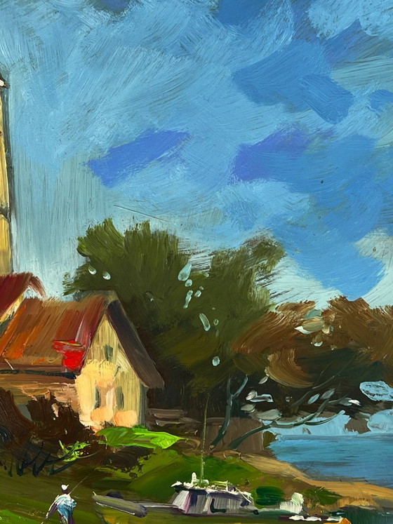 Image 1 of Peinture à l'huile originale, paysage rural estival, village riverain, quai de bateau