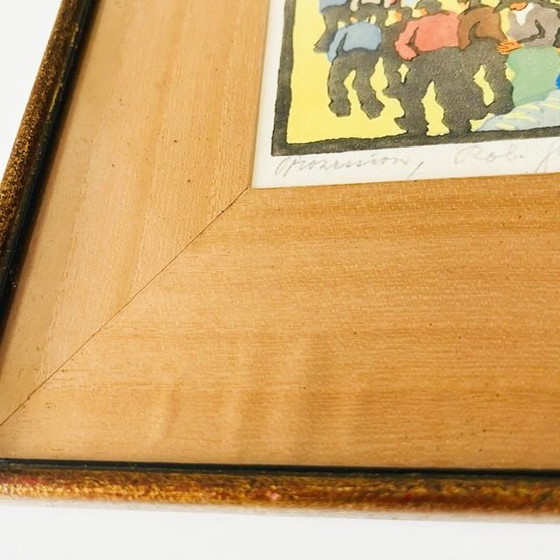 Image 1 of Vintage ingelijste Robert Saurwein gesigneerde kleurhoutsnede "Prozession" 1940's