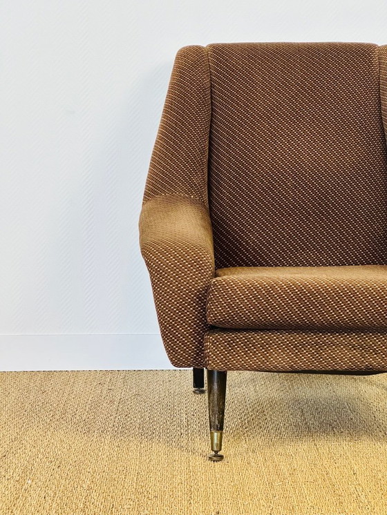 Image 1 of Vintage fauteuil in bruine tweedstof met uitlopende poten, 1960
