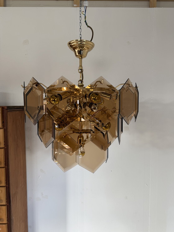 Image 1 of Vintage hexagon rookglazen kroonluchter, Italië ‘70