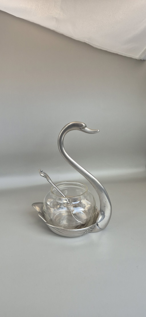 Vintage Swan-Shaped Jam or Sugar Bowl – Silver Metal & Glass – With Spoon