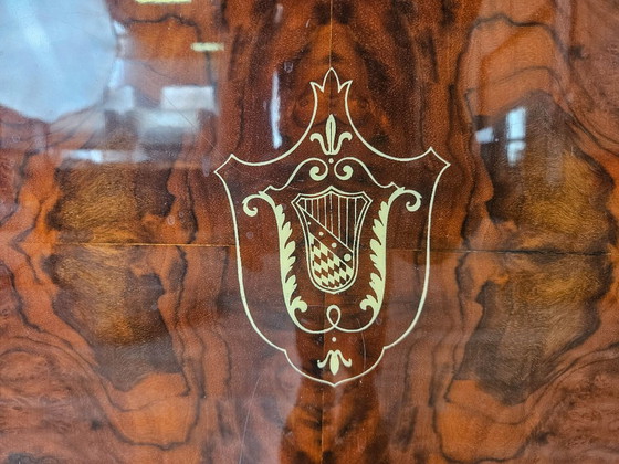 Image 1 of Mid-century mahogany sideboard from the 1950s with aqua green glass and a central bar compartment