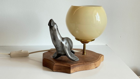 Image 1 of Art Deco Sea Lion Lamp Metal and Blown Glass France
