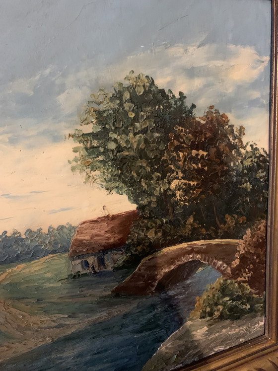 Old French School Oil Painting – River Landscape – Signed – Art Deco Frame 60 x 51 cm – Paintings & Drawings (photo 8 of 14)