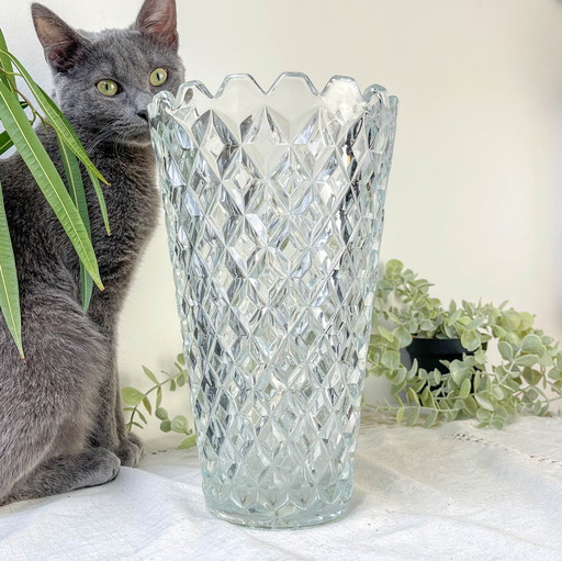 Vase Vintage en Verre Motif Géométrique par Glasswork, Novy Bor, Années 1960