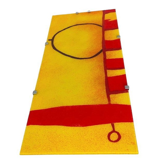 Image 1 of Vintage Ikea Gyllen Gotö wall lamp glass panel yellow and red abstract art 1990s