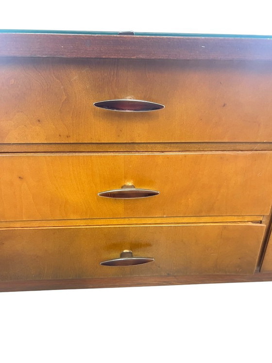 Image 1 of 50s wooden chest of drawers with brass band style elements, typical German Mid - Century design