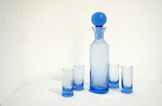 Image 1 of Vintage Blue Glass Decanter Set with 4 Shot Glasses