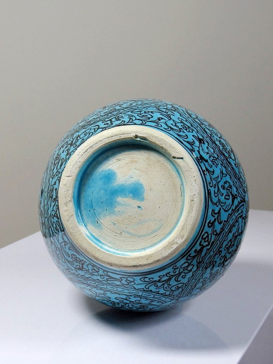 Image 1 of Vase couvert ou jarre Persane poterie glacée Iznik turquoise peinte vintage