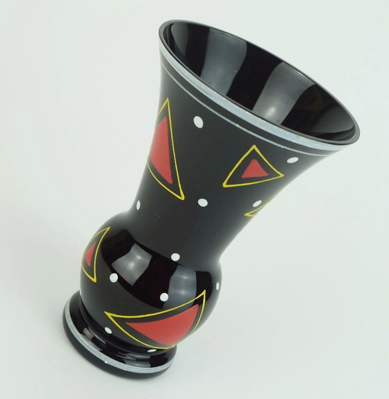 Image 1 of Mid Century Glasvase Hyalith Glas schwarz Glas abstrakte Dekor Emaille Malerei 1950er Jahre