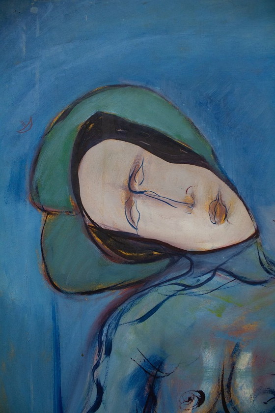 Image 1 of Peinture d'Evarsky Blom BKR intitulée « Femme, enlève ton masque », années 1970 - acrylique sur bois