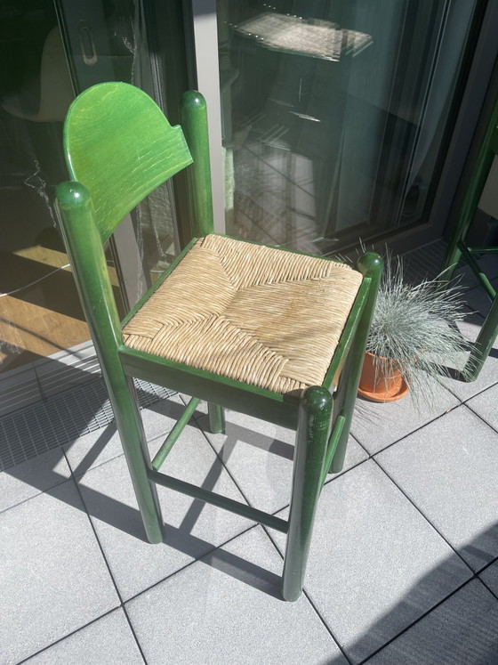 Image 1 of 2x Vintage green lacquered rush-seat bar stools. Attributed to Hank Loewenstein Padova / Vico Magistretti Carimate style.