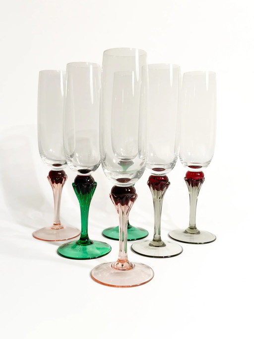 Set van zes veelkleurige Murano glazen kelken uit de jaren 80