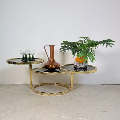 Vintage Hollywood Regency Cascade Swivel Coffee Table with Black Glass - 1970s