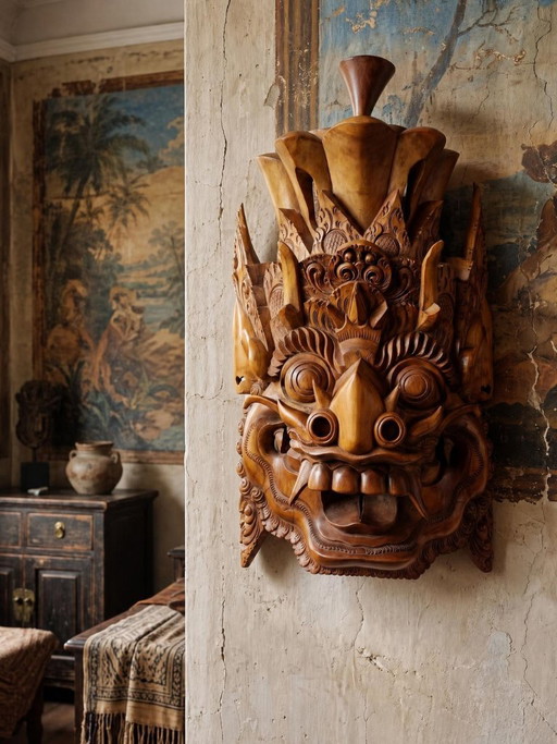 Grande maschera da parete vintage Barong di Bali in legno intagliato 1960-1980 – wanddecoratie, Wood (photo 2 of 15)