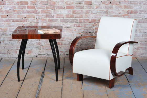 Gerestaureerde art-deco fauteuil, walnoothout, leer, gerestaureerde Poolse afwerking, Tsjechisch, jaren 1930 (photo 11 of 12)