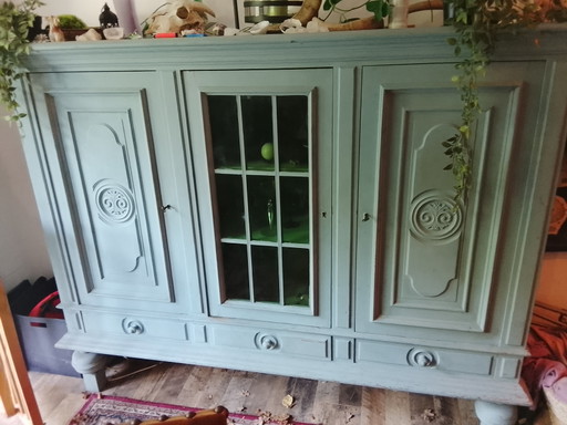 Massief houten landelijke vitrinekast / dressoir – grijsgroen