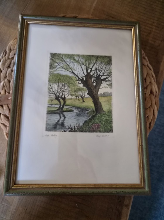 Original Etching Hugo Eichler Hand-Colored Framed, Paintings & Drawings, Paper, Wood, Multi Color (photo 5 of 5)