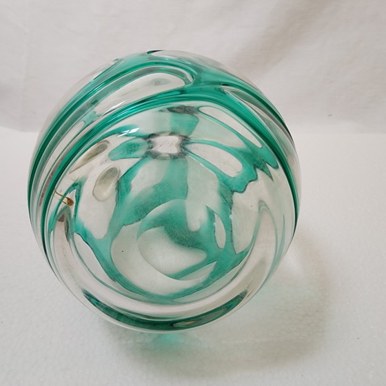 Handgeblazen kunstglazen kan uit het midden van de 20e eeuw in turquoise groen – organische, vrije vorm (photo 5 of 12)
