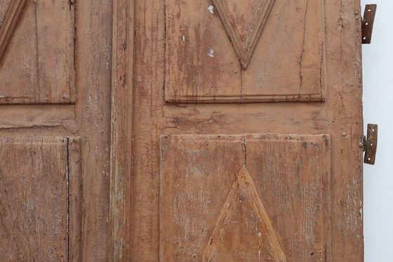 Image 1 of Grote 17e-eeuwse kloosterdeuren in terracotta gelakt eikenhout, Portugal