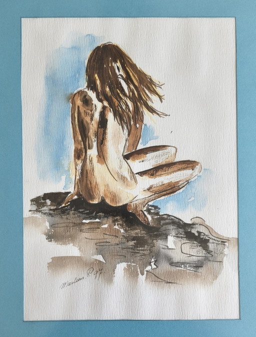 Pastel painting of a naked girl by the sea.