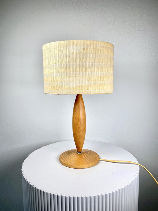 Vintage HEMA Mid Century Tafellamp - Houten Voet & Geweven Stro Ovale Kap - 1960-70s Gezellig Rustiek Home Decor