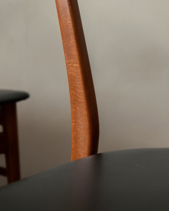 Image 1 of Vintage Danish Dining Chairs, Teak Backrest and Beech Frame, Newly Upholstered Black Skai Seats, 1960s