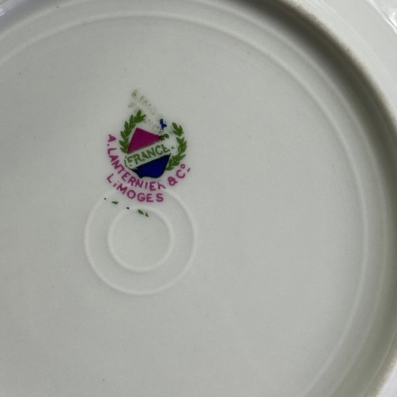 Image 1 of Antique Limoges porcelain dessert service by A. Lanternier & Cie, comprising 10 plates and a cake stand