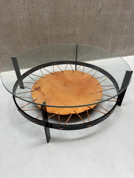 Mid-Century Modern Ronde Salontafel Van Glas, Staal En Leer – Metal, Leather (photo 2 of 9)