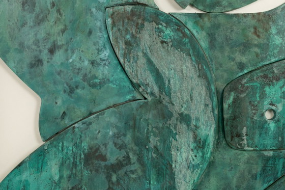 Image 1 of Bas-relief sign reading "Think outside the box!" in patinated wood. Contemporary